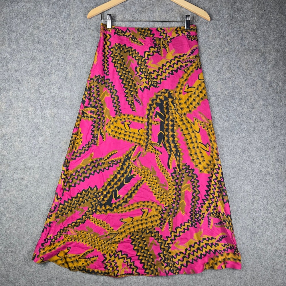Farm Rio Skirt Womens Size S Pink Crocodile Print Maxi A-Line Tropical Art Deco